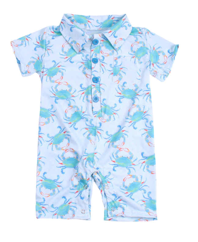 Aqua Crab Polo Romper Jolie & Jax Boutique