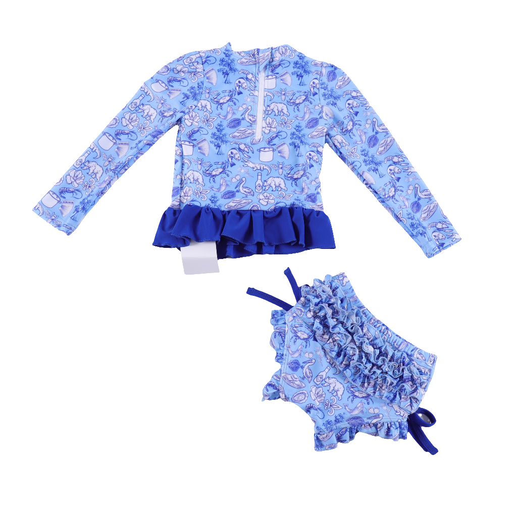 Cajun Toile ruffle bottom swim suit set Jolie & Jax Boutique