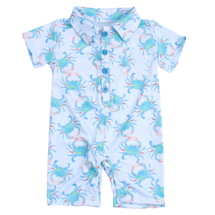 Aqua Crab Polo Romper Jolie & Jax Boutique