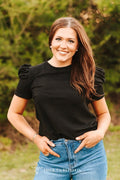 LUCKY & BLESSED "Midnight Western" Ribbed Puff Sleeve Top — Black Buttery-Soft Stretch Cowgirl Staple Cowhide and Conchos