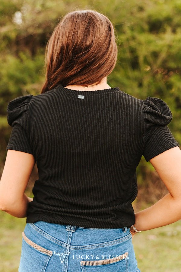 LUCKY & BLESSED "Midnight Western" Ribbed Puff Sleeve Top — Black Buttery-Soft Stretch Cowgirl Staple Cowhide and Conchos