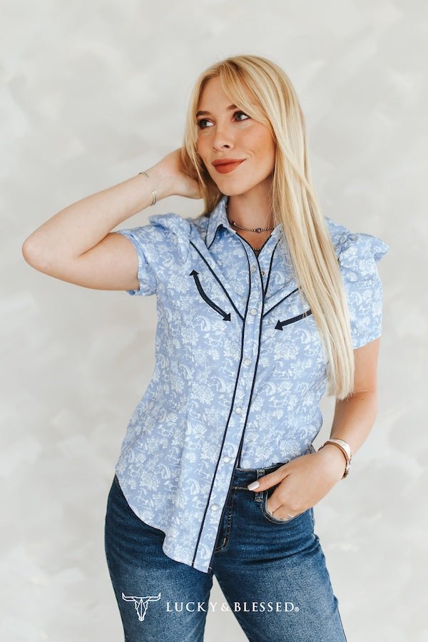 LUCKY & BLESSED "Wildflower Rodeo" Blue Western Toile Puff Sleeve Pearl Snap Shirt (medium remains) Cowhide and Conchos
