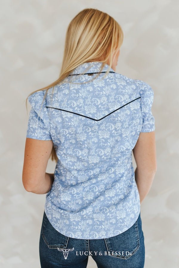 LUCKY & BLESSED "Wildflower Rodeo" Blue Western Toile Puff Sleeve Pearl Snap Shirt (medium remains) Cowhide and Conchos
