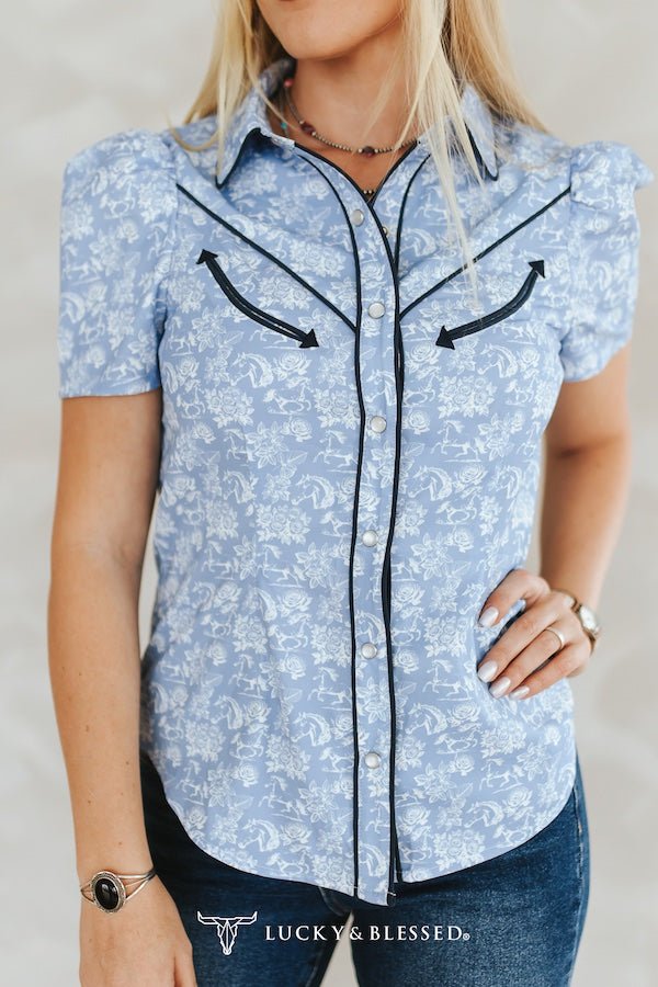 LUCKY & BLESSED "Wildflower Rodeo" Blue Western Toile Puff Sleeve Pearl Snap Shirt (medium remains) Cowhide and Conchos
