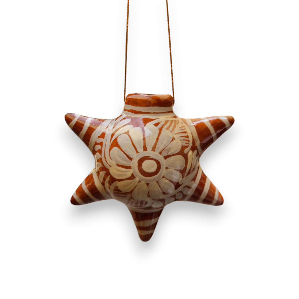 Brown & White Talavera Ornament | Star-Shaped Holiday Folk Art