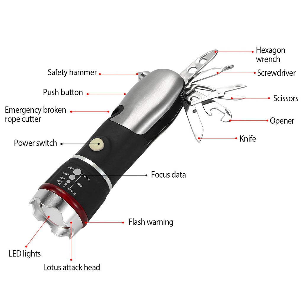 8 In 1 Multi Tool Hammer Zoomable LED Flashlight Emergency Auto Escape Tool w/ Glass Breaker Seatbelt Cutter Scissors Screwdriver Opener