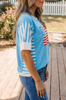 Light Blue Flag Print Patchwork Colorblock July 4th T Shirt I am a Fashion Junky