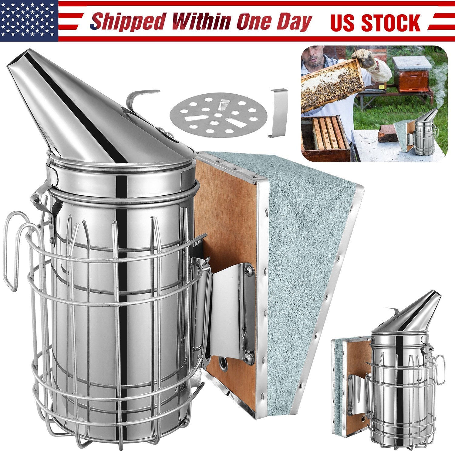 Bee Hive Smoker 11-Inch Heavy Duty Stainless Steel with Metal Heat Shield Storage Hook Beekeeping Equipment Tool