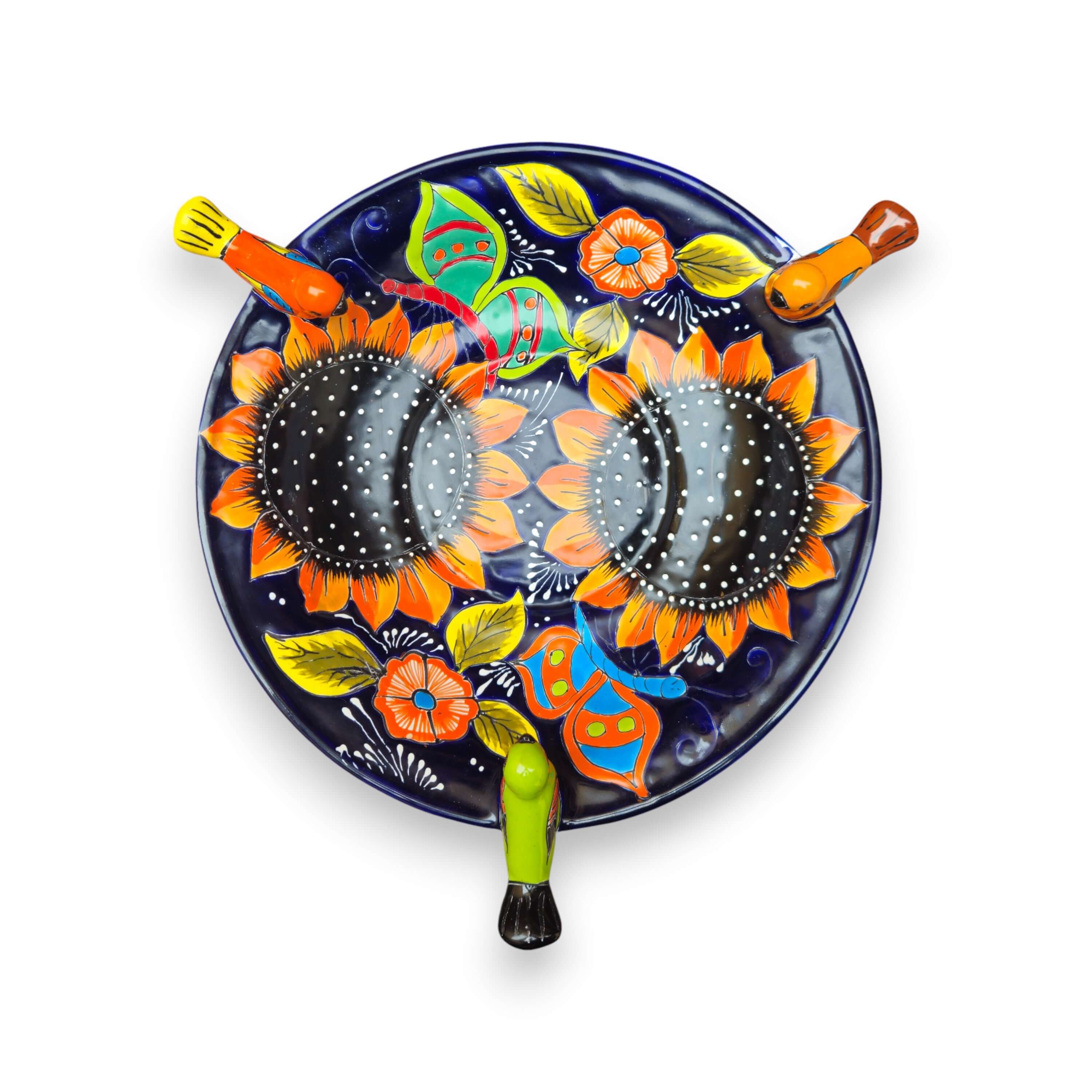 Cobalt Talavera Bird Bath | Hand-Painted Sunflower Art