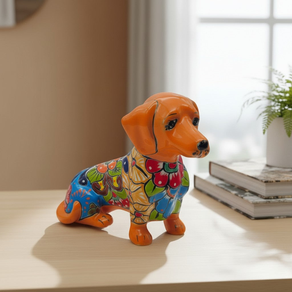 Colorful Talavera Dachshund | Mexican Ceramic Dog Figurine