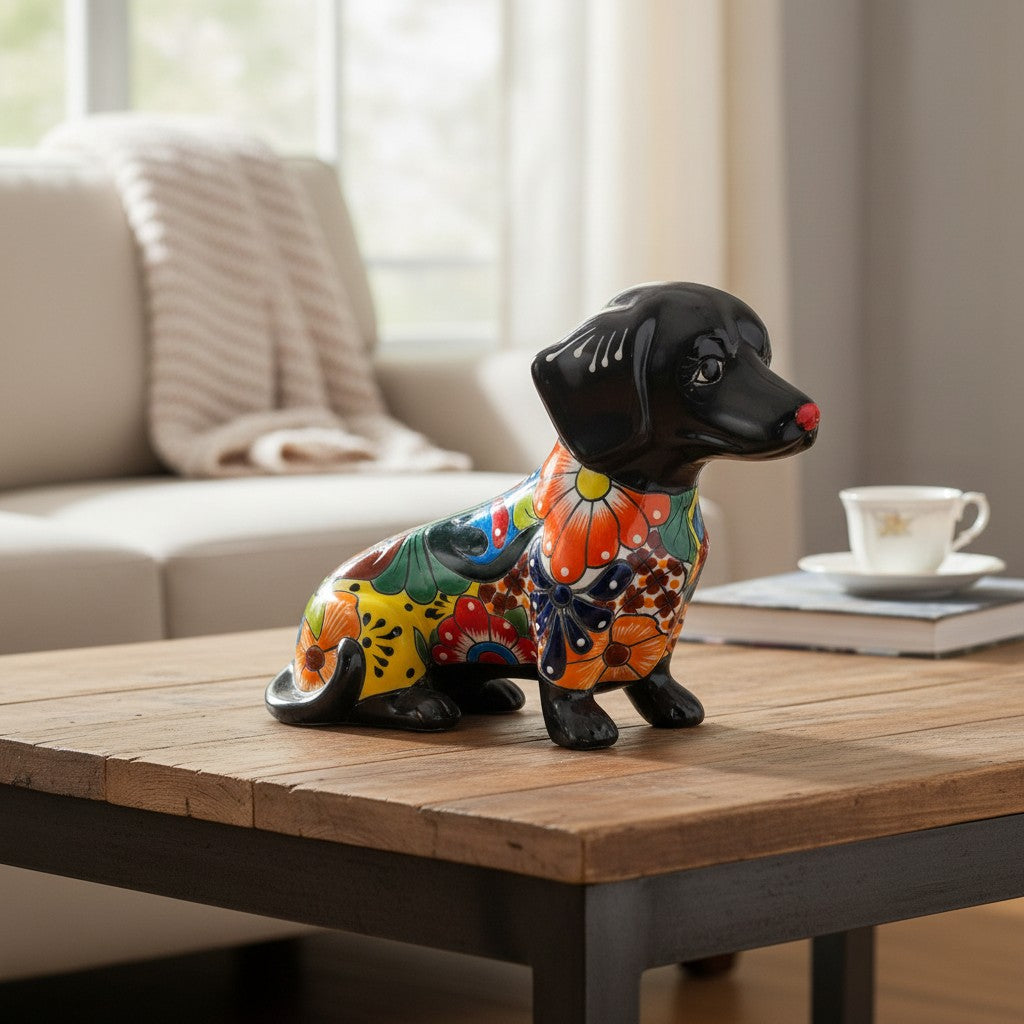 Colorful Talavera Dachshund | Mexican Ceramic Dog Figurine