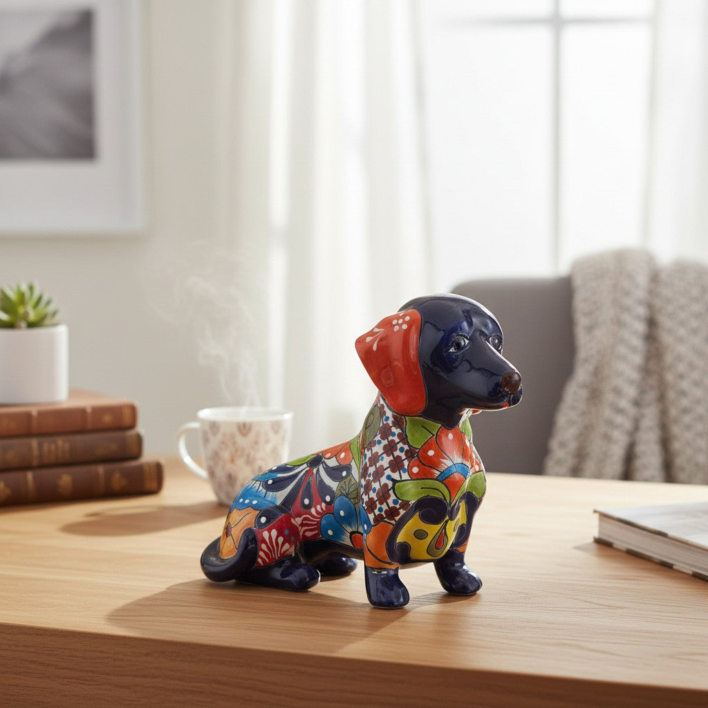 Colorful Talavera Dachshund | Mexican Ceramic Dog Figurine