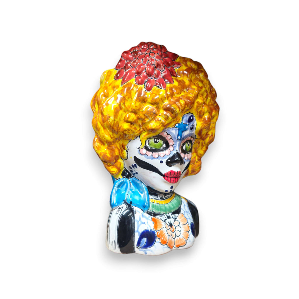 Colorful Talavera Lady Skull Planter | Day of the Dead Decor