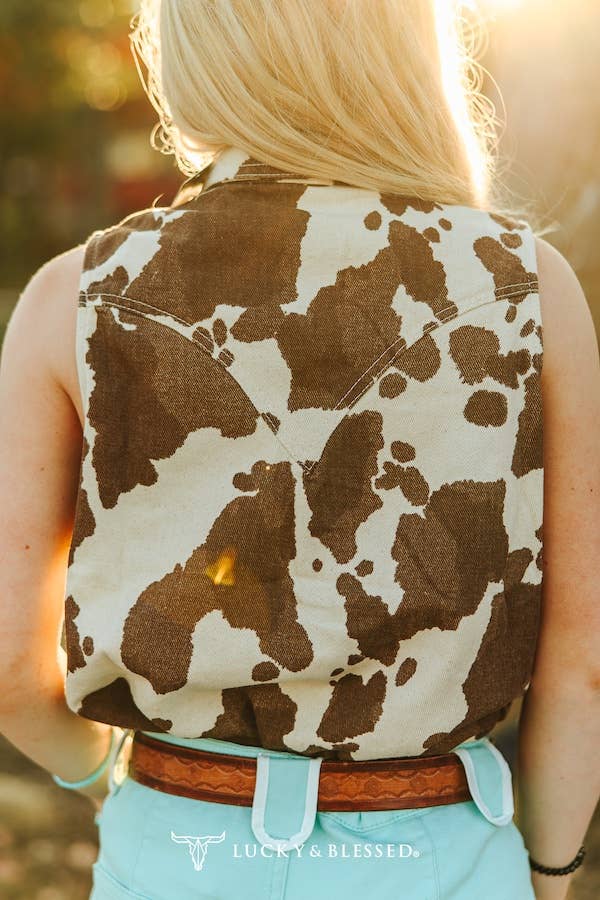 LUCKY & BLESSED Sleeveless Cowhide Print Denim Western Shirt with Pearl Snaps — Brown & Cream Ranch Statement Cowhide and Conchos