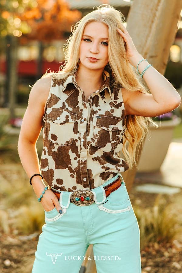 LUCKY & BLESSED Sleeveless Cowhide Print Denim Western Shirt with Pearl Snaps — Brown & Cream Ranch Statement Cowhide and Conchos