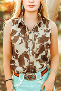 LUCKY & BLESSED Sleeveless Cowhide Print Denim Western Shirt with Pearl Snaps — Brown & Cream Ranch Statement Cowhide and Conchos