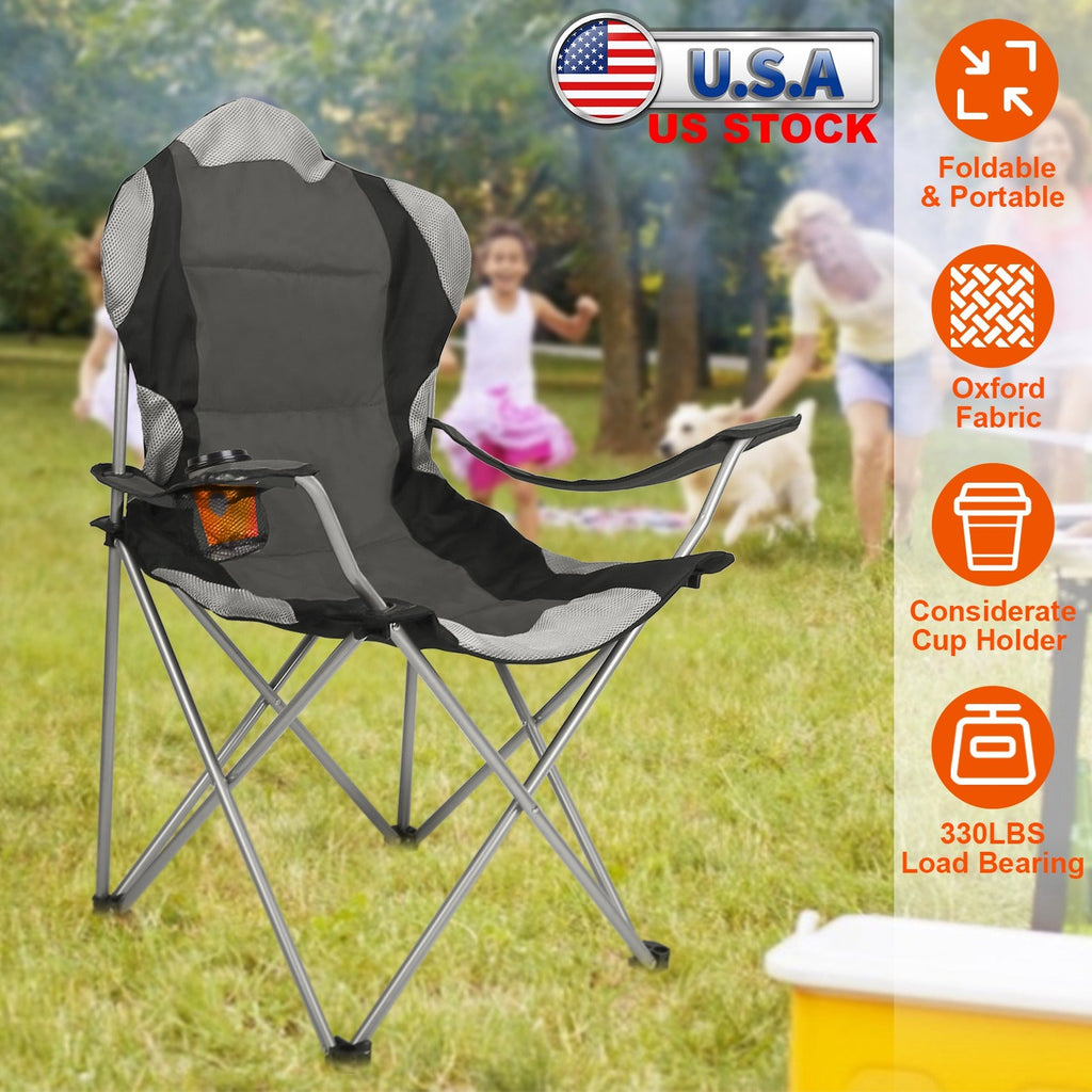 Foldable Camping Chair Heavy Duty Steel Lawn Chair Padded Seat Arm Back Beach Chair 330LBS Max Load with Cup Holder Carry Bag