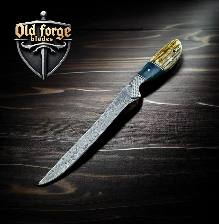 Custom Handmade Damascus Fillet Knife – 7.5” Blade, Antler & Buffalo Horn Handle with Leather Case OLD FORGE BLADES
