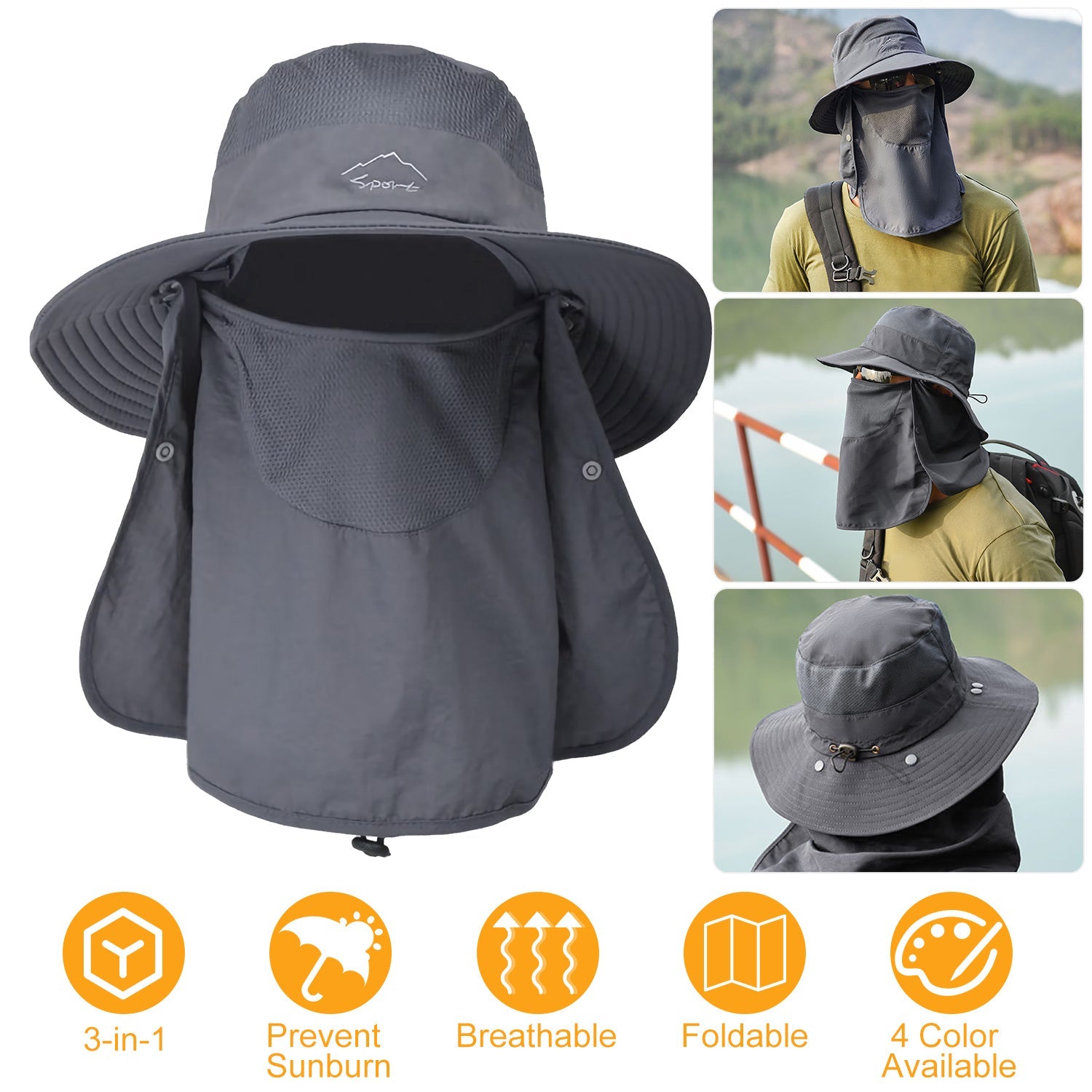 Fishing Bucket Hat Wide Brim Breathable Unisex Hat Sunlight-proof Removable Neck Face Fishing Cap For Fishing Hiking Traveling