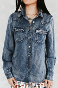 LUCKY & BLESSED Vintage Blue Washed Western Denim Shirt — Concho Button Tencel Cowgirl Statement Cowhide and Conchos