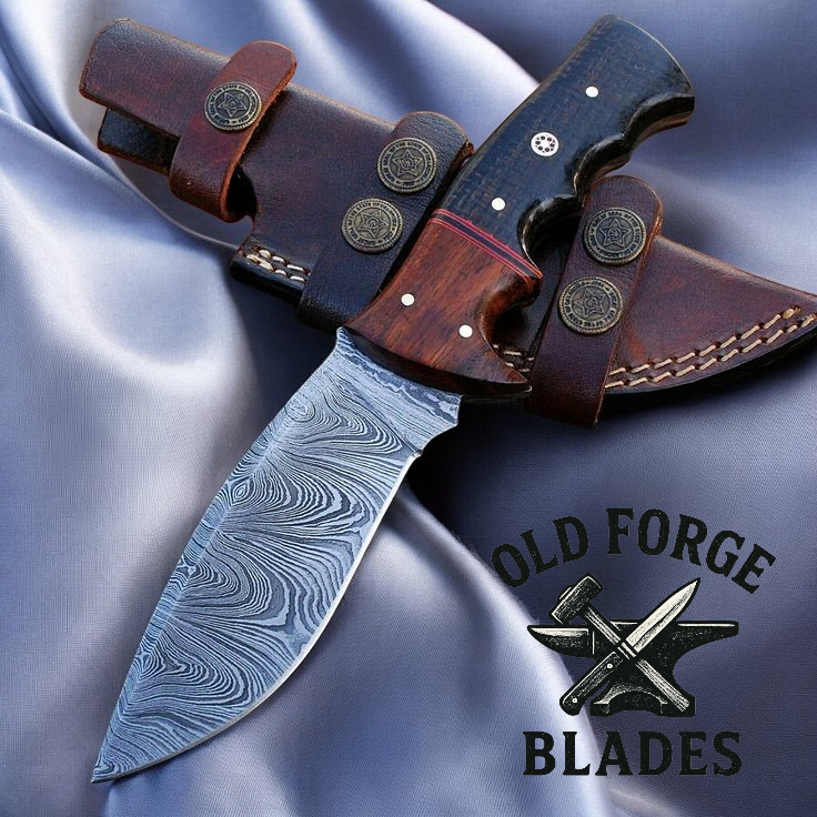 Custom Handmade Hunting Knife with Watered Steel Blade OLD FORGE BLADES