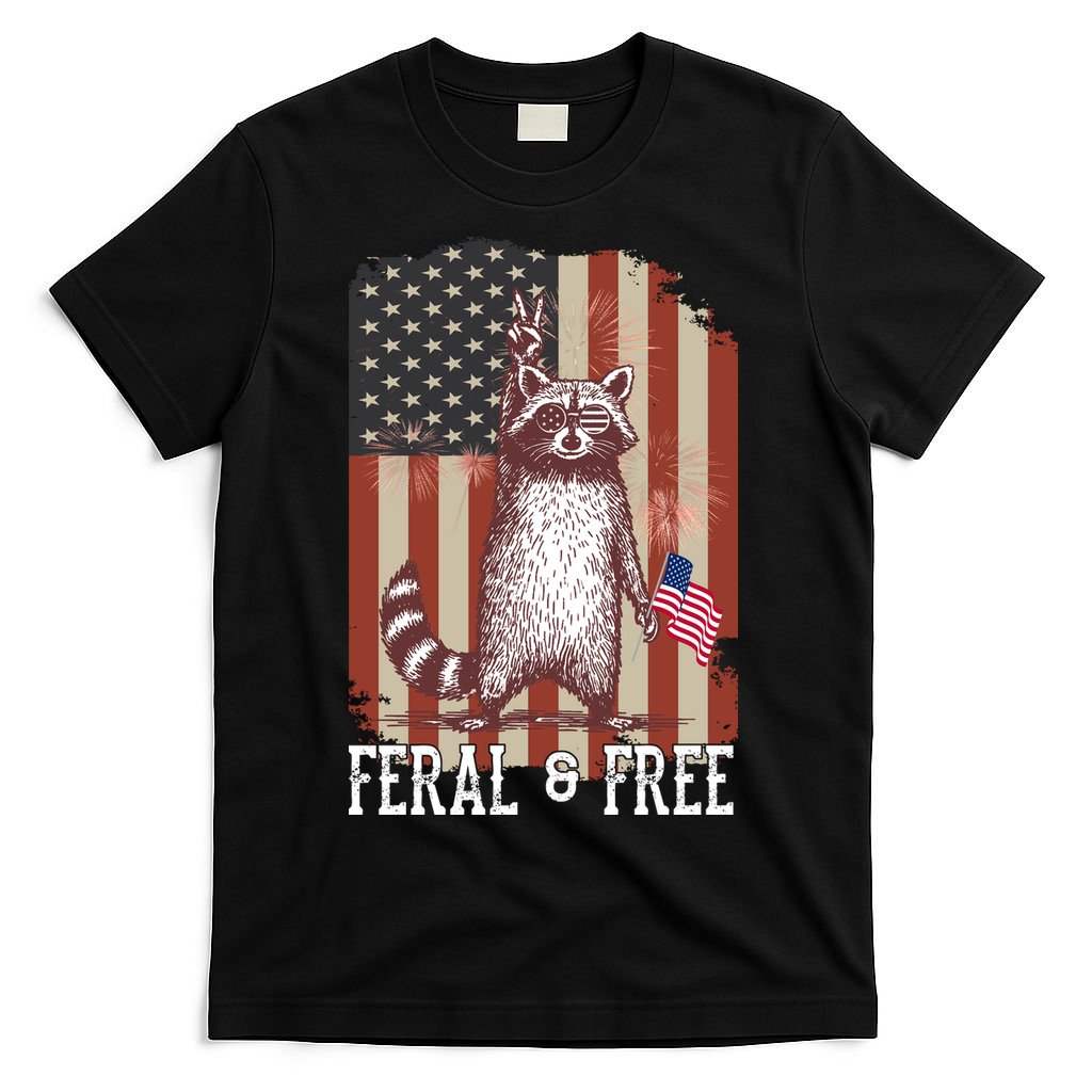 Feral But Free Raccoon July 4th Patriotic For Family T-Shirt Mood Vibes Tees - Express Your Mood, Wear Your Style