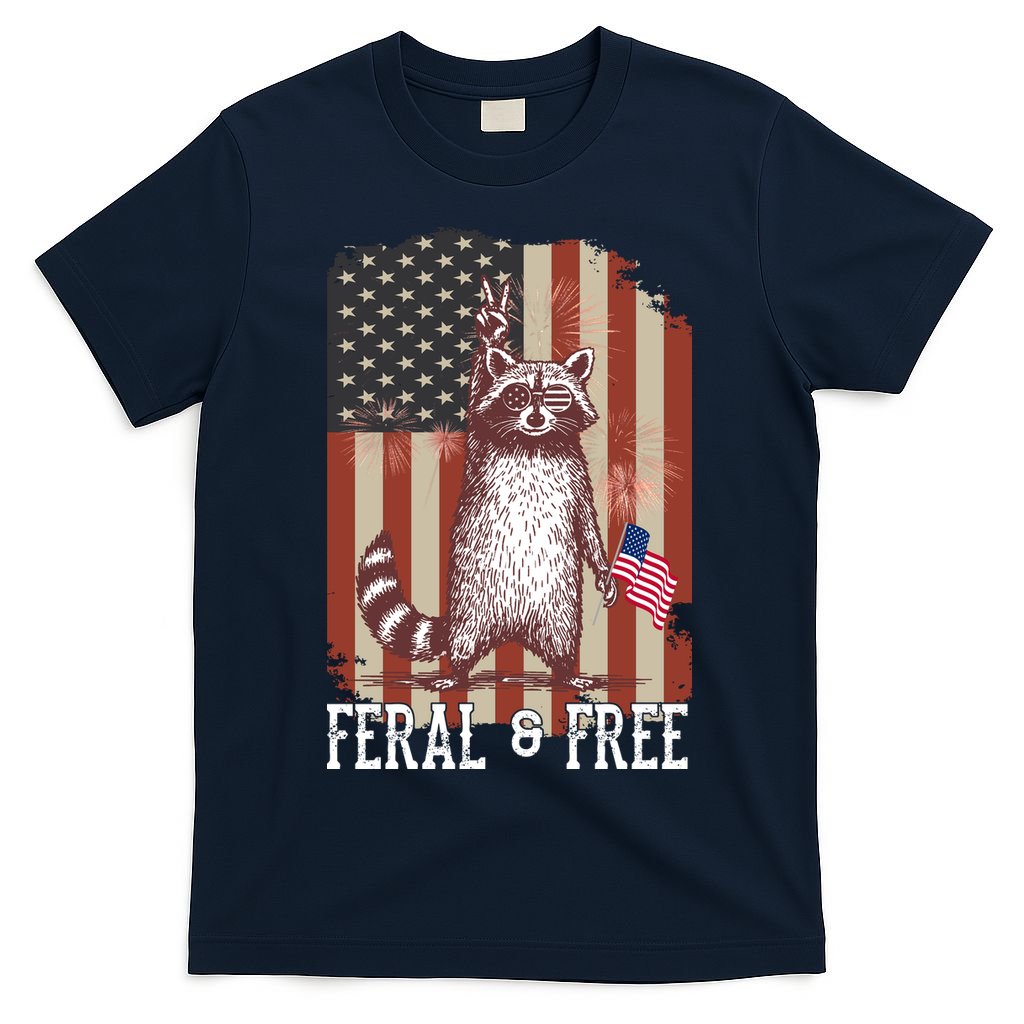 Feral But Free Raccoon July 4th Patriotic For Family T-Shirt Mood Vibes Tees - Express Your Mood, Wear Your Style