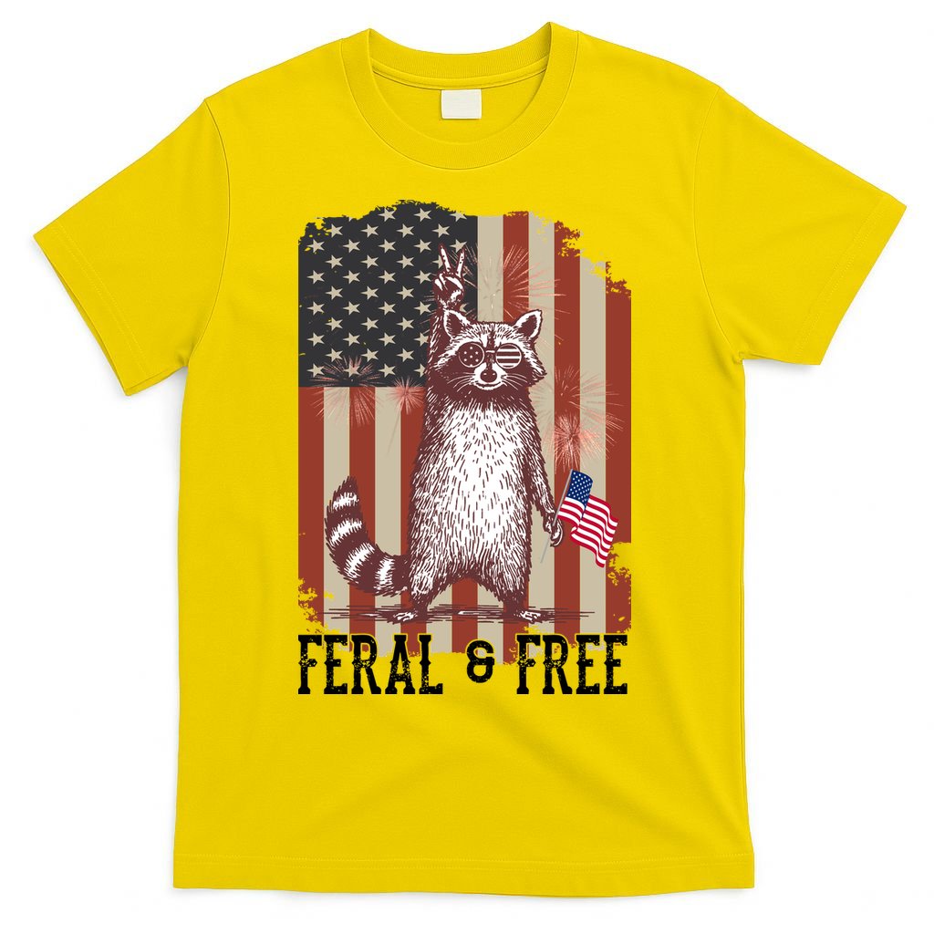 Feral But Free Raccoon July 4th Patriotic For Family T-Shirt Mood Vibes Tees - Express Your Mood, Wear Your Style