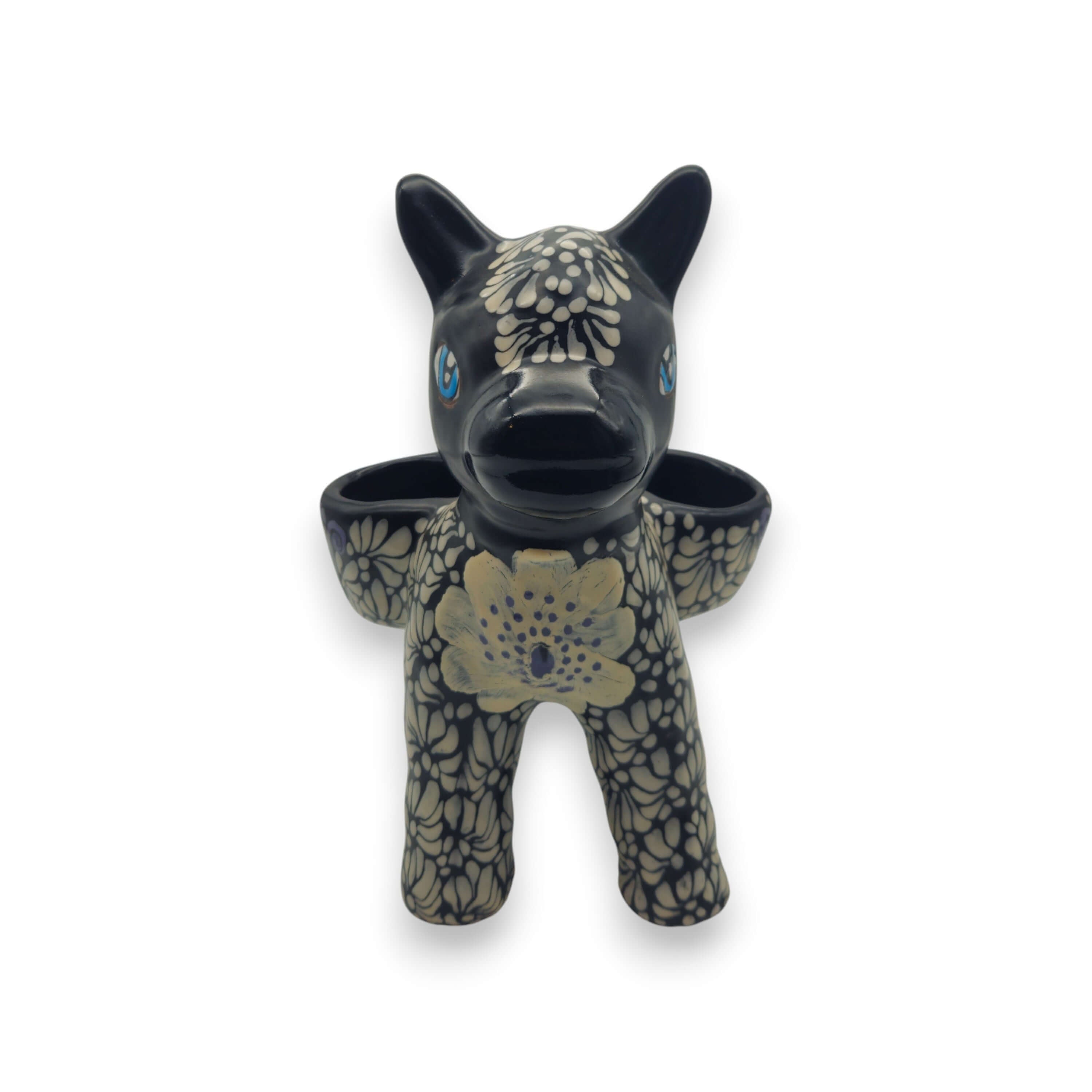 Floral Black & White Talavera Donkey Planter | Mexican Pottery
