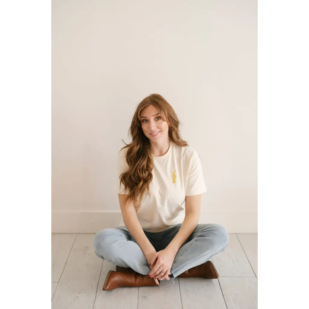 Good Vibes Peace Embroidered Tee in Cream