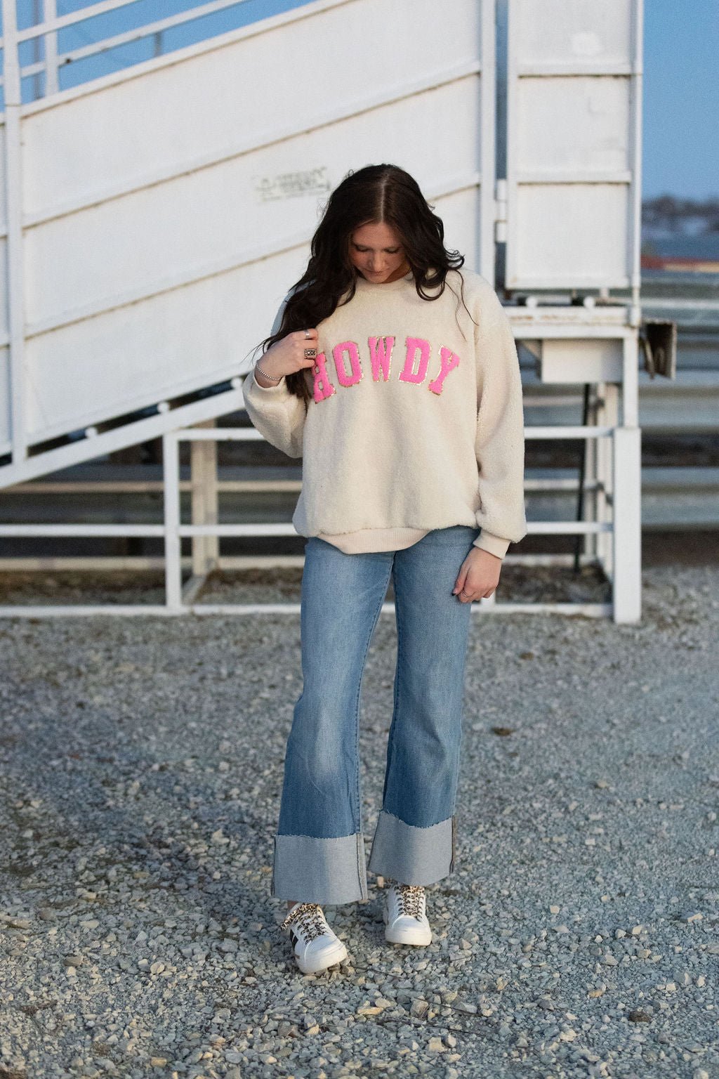 "Howdy" Western Sherpa Pullover — Ivory with Pink & Gold Applique Patches (XL remains) Cowhide and Conchos