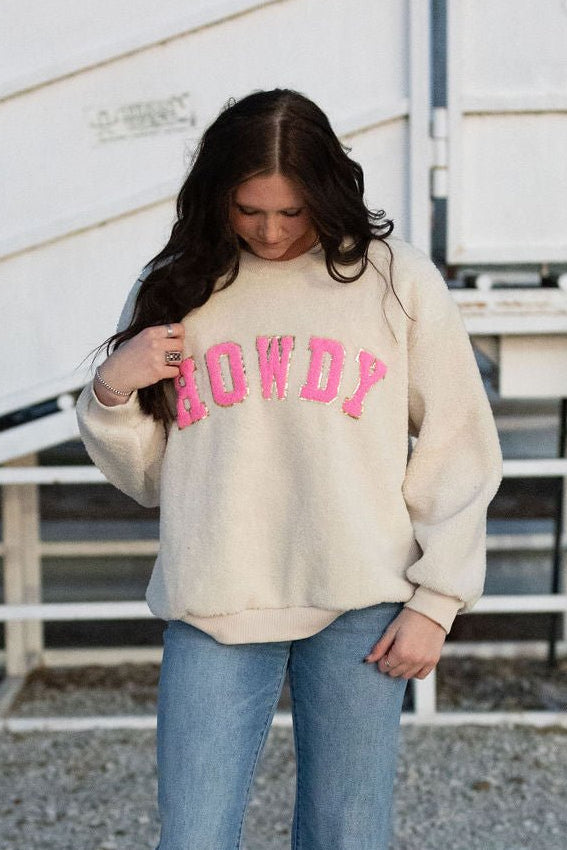 "Howdy" Western Sherpa Pullover — Ivory with Pink & Gold Applique Patches (XL remains) Cowhide and Conchos