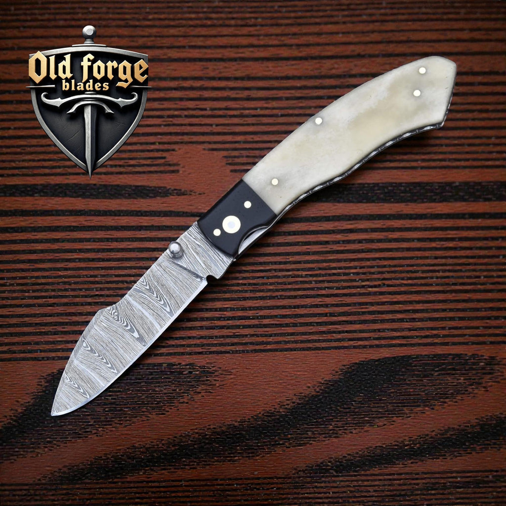 Handmade Damascus Steel Pocket Knife – Micarta & Bone Handle OLD FORGE BLADES