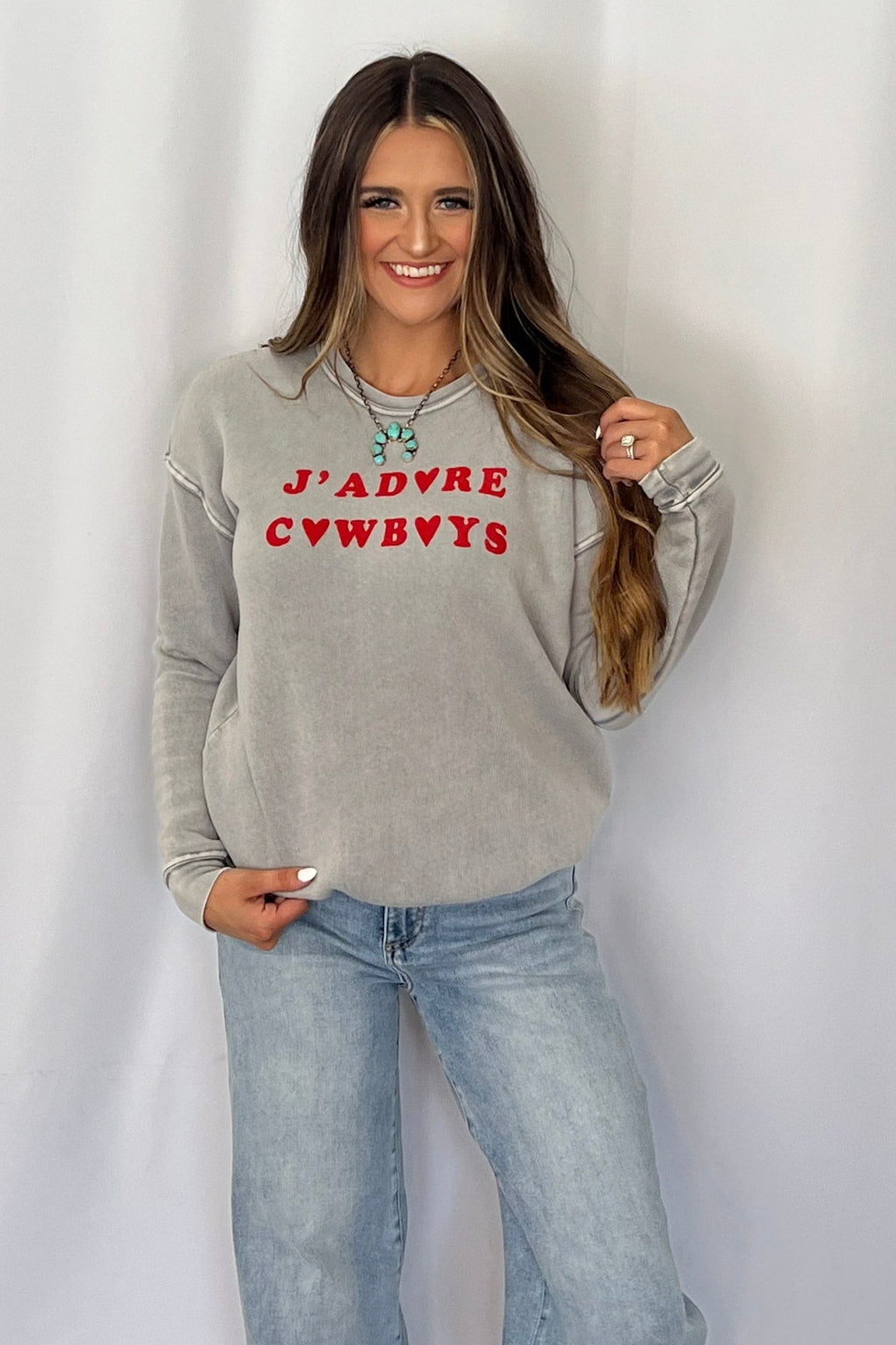 "J Adore Cowboys" Western Mineral Wash Graphic Sweatshirt — Vintage Soft Brushed Pullover Cowhide and Conchos