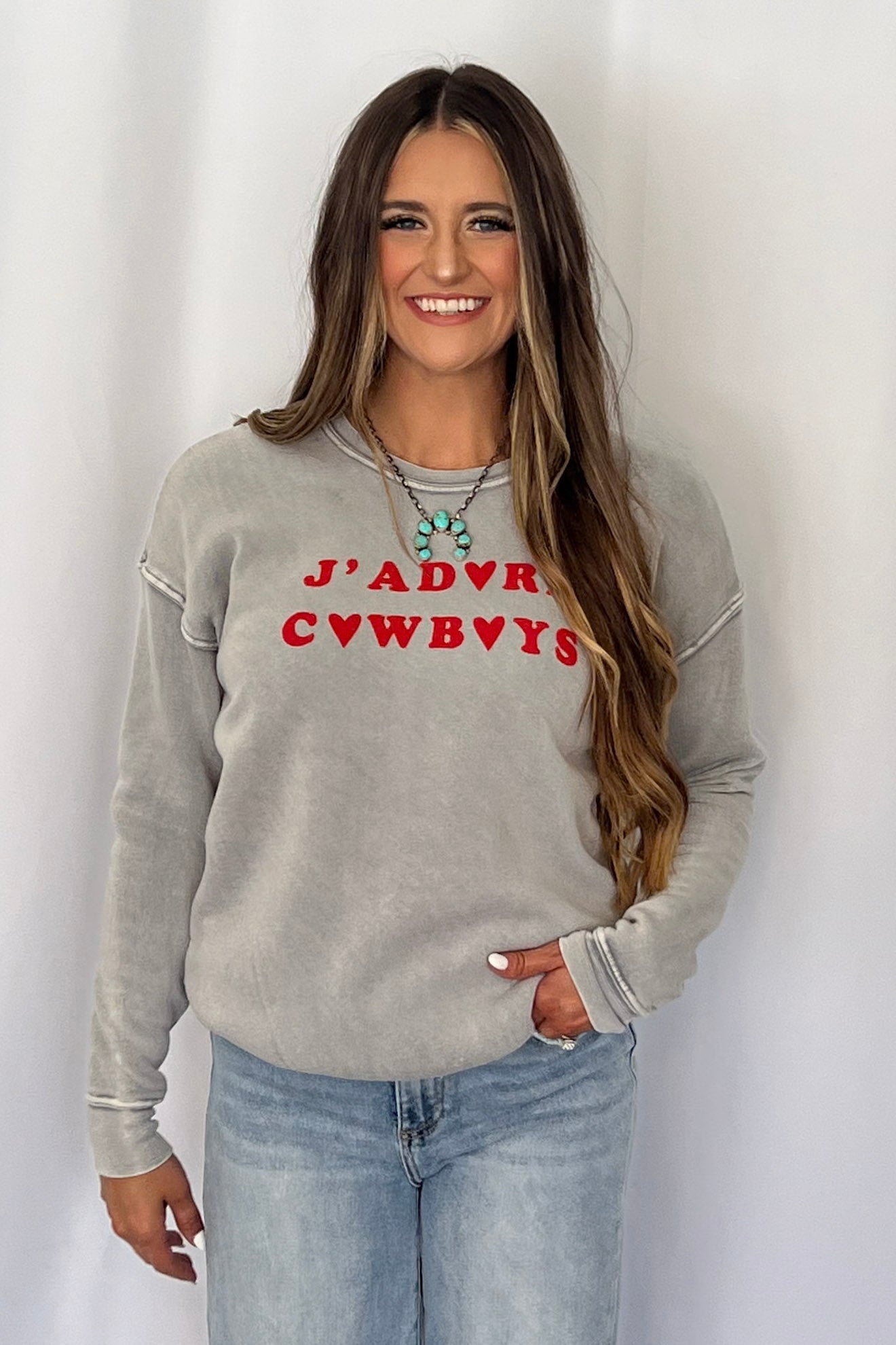 "J Adore Cowboys" Western Mineral Wash Graphic Sweatshirt — Vintage Soft Brushed Pullover Cowhide and Conchos