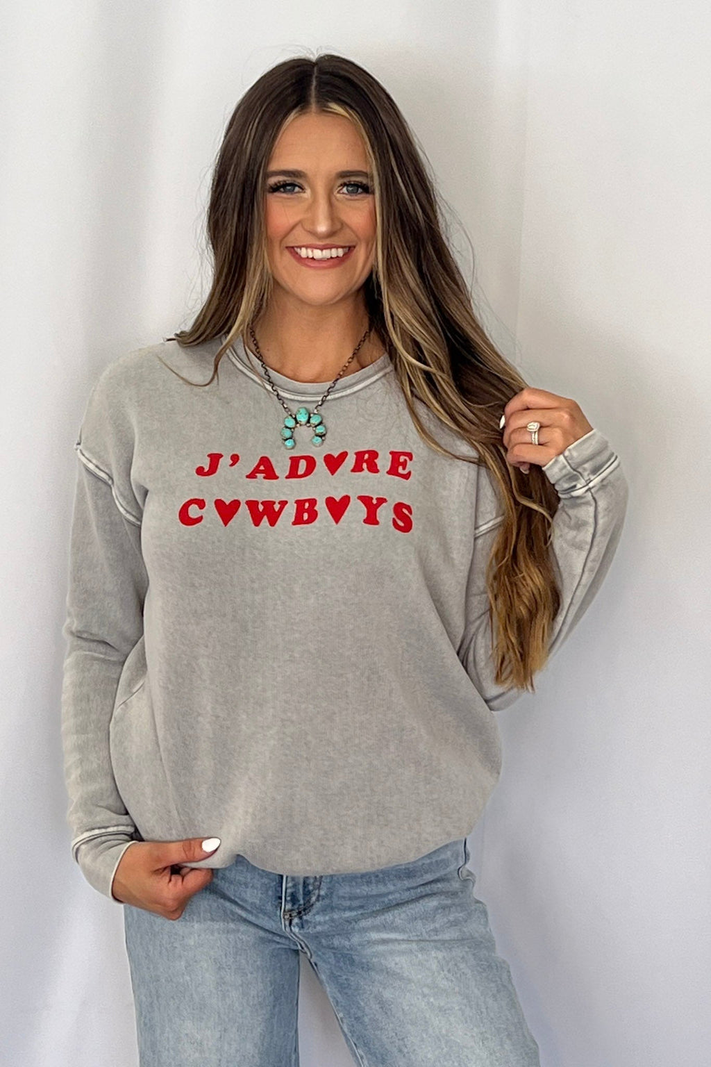 "J Adore Cowboys" Western Mineral Wash Graphic Sweatshirt — Vintage Soft Brushed Pullover Cowhide and Conchos