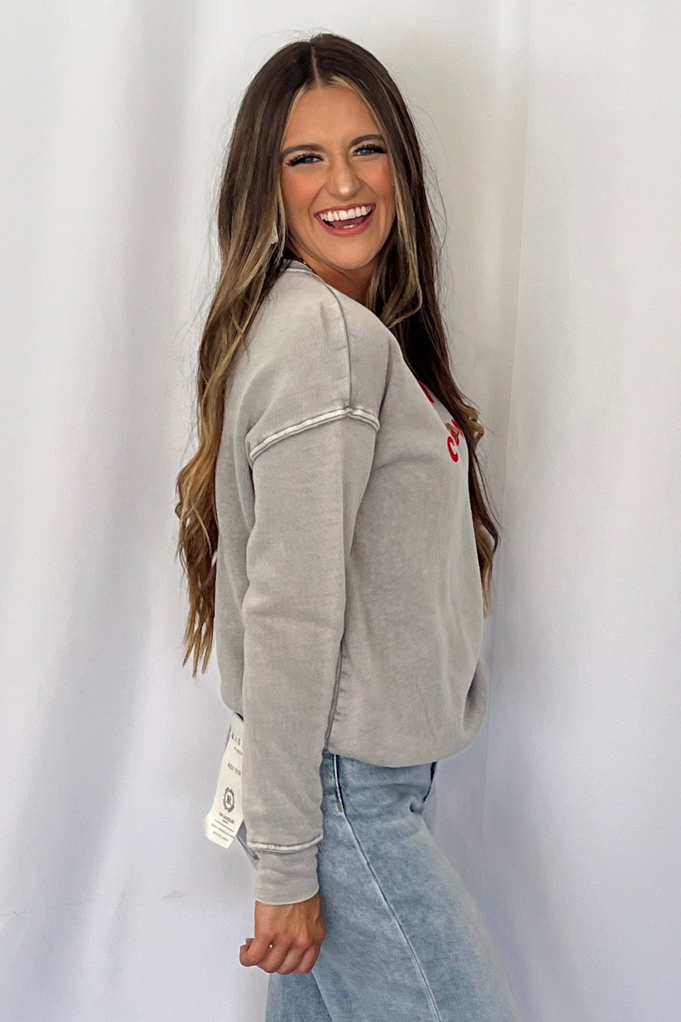 "J Adore Cowboys" Western Mineral Wash Graphic Sweatshirt — Vintage Soft Brushed Pullover Cowhide and Conchos