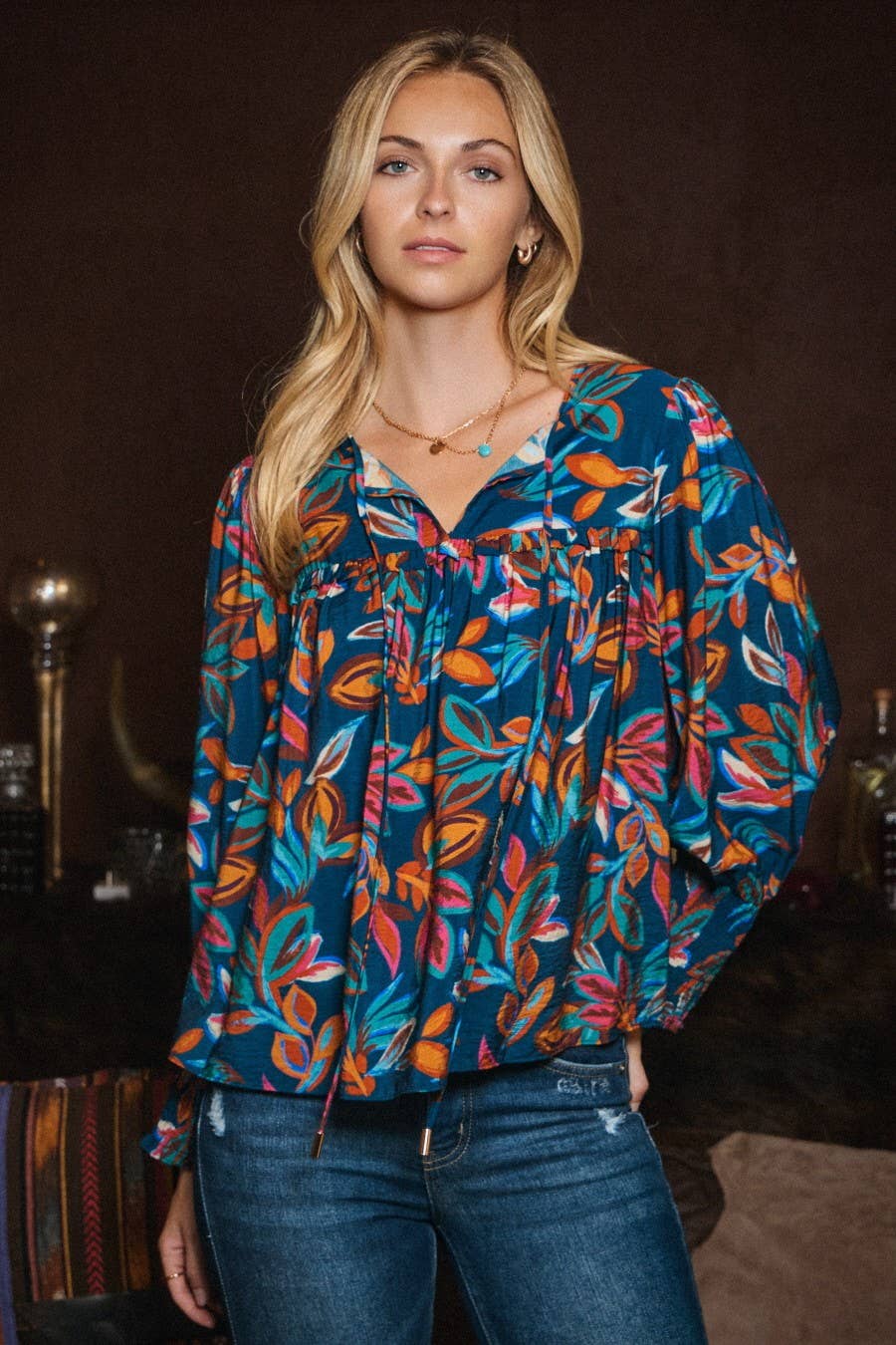 Oddi Leaf Printed Long Sleeve Western Blouse — Tie Front Neck with Ruffled Yoke (Small remaining) Cowhide and Conchos