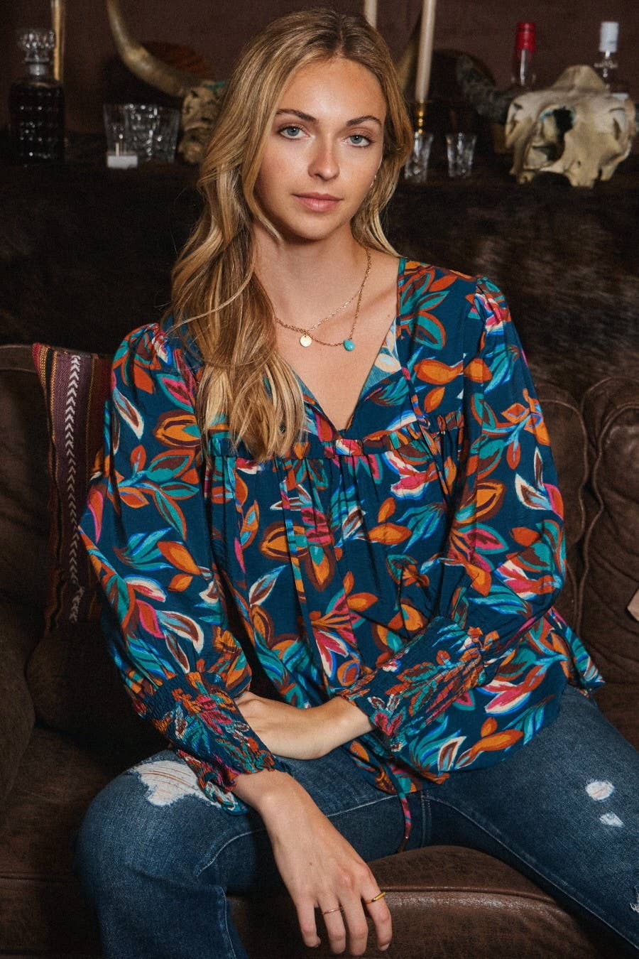 Oddi Leaf Printed Long Sleeve Western Blouse — Tie Front Neck with Ruffled Yoke (Small remaining) Cowhide and Conchos