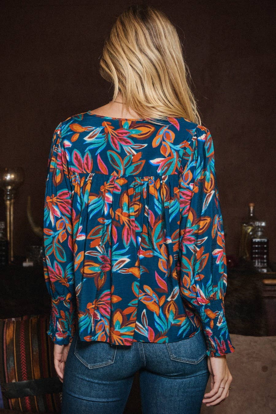 Oddi Leaf Printed Long Sleeve Western Blouse — Tie Front Neck with Ruffled Yoke (Small remaining) Cowhide and Conchos