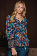 Oddi Leaf Printed Long Sleeve Western Blouse — Tie Front Neck with Ruffled Yoke (Small remaining) Cowhide and Conchos