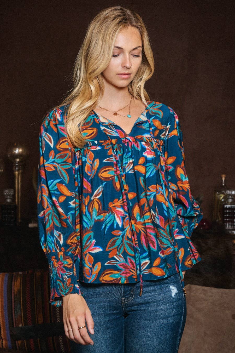 Oddi Leaf Printed Long Sleeve Western Blouse — Tie Front Neck with Ruffled Yoke (Small remaining) Cowhide and Conchos