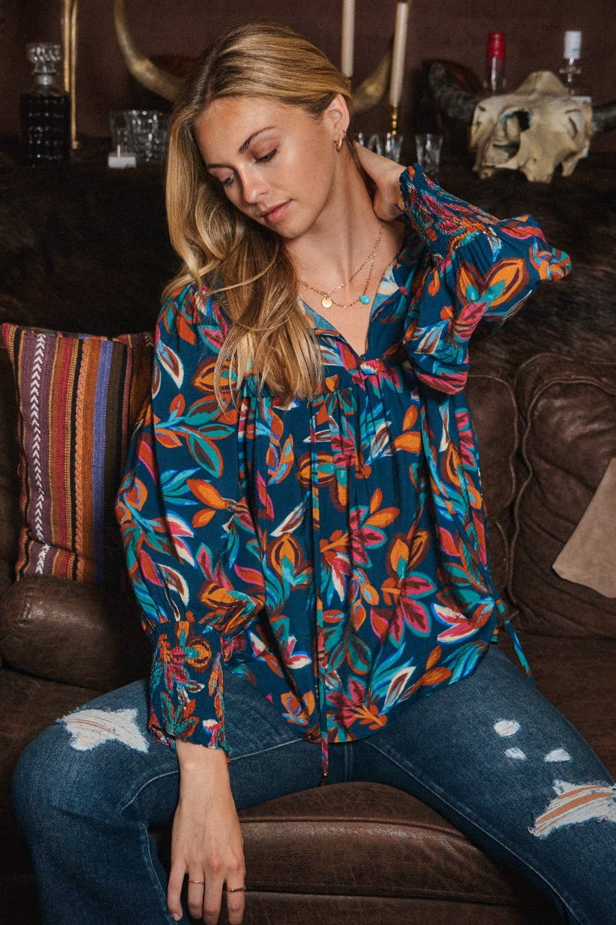 Oddi Leaf Printed Long Sleeve Western Blouse — Tie Front Neck with Ruffled Yoke (Small remaining) Cowhide and Conchos