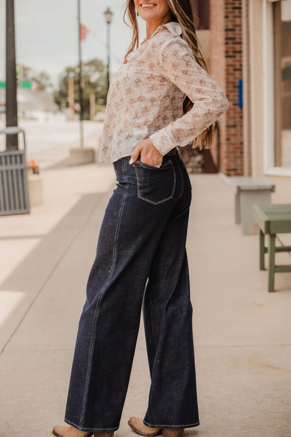 Blue B "Let'r Buck" Western Chiffon Button-Down Blouse — Soft Feminine Rodeo Print Cowhide and Conchos