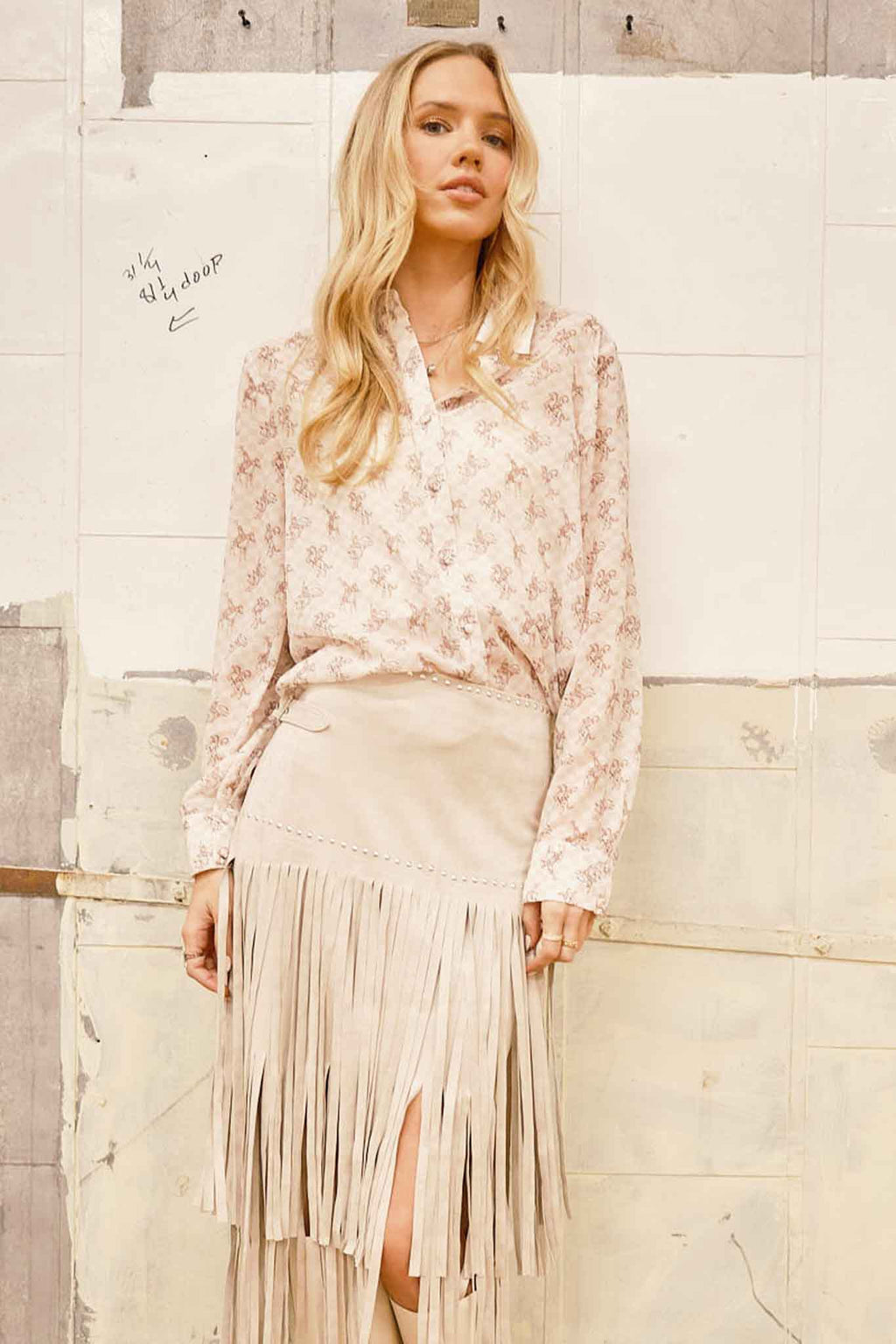 Blue B "Let'r Buck" Western Chiffon Button-Down Blouse — Soft Feminine Rodeo Print Cowhide and Conchos