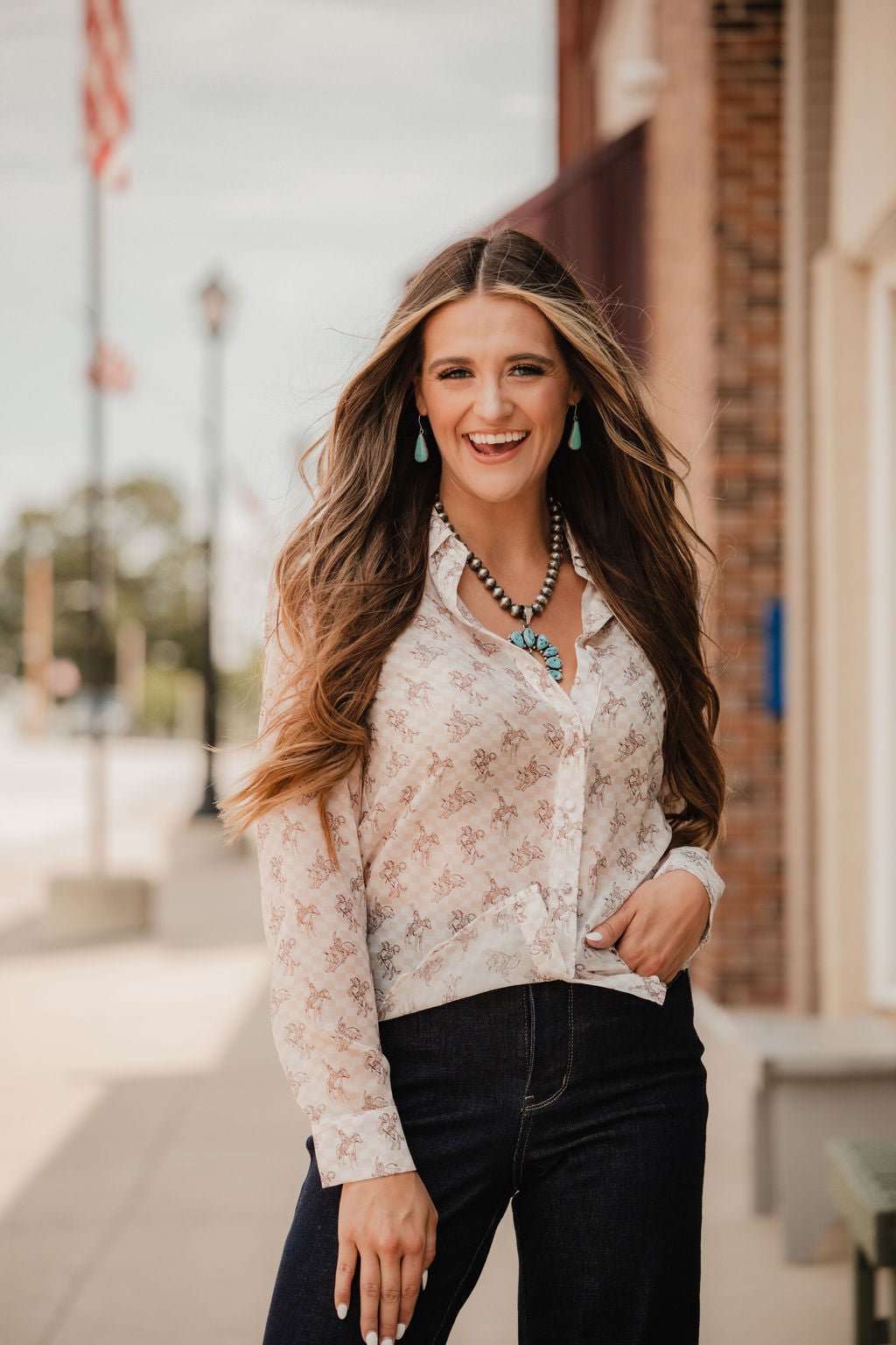 Blue B "Let'r Buck" Western Chiffon Button-Down Blouse — Soft Feminine Rodeo Print Cowhide and Conchos