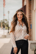 Blue B "Let'r Buck" Western Chiffon Button-Down Blouse — Soft Feminine Rodeo Print Cowhide and Conchos