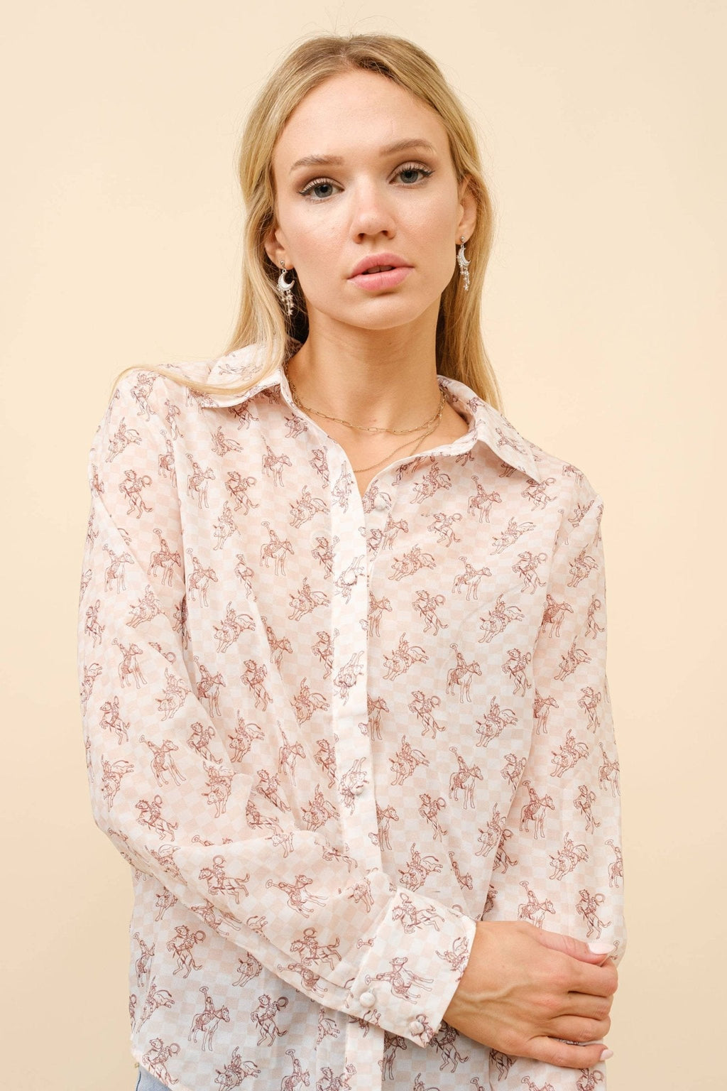 Blue B "Let'r Buck" Western Chiffon Button-Down Blouse — Soft Feminine Rodeo Print Cowhide and Conchos
