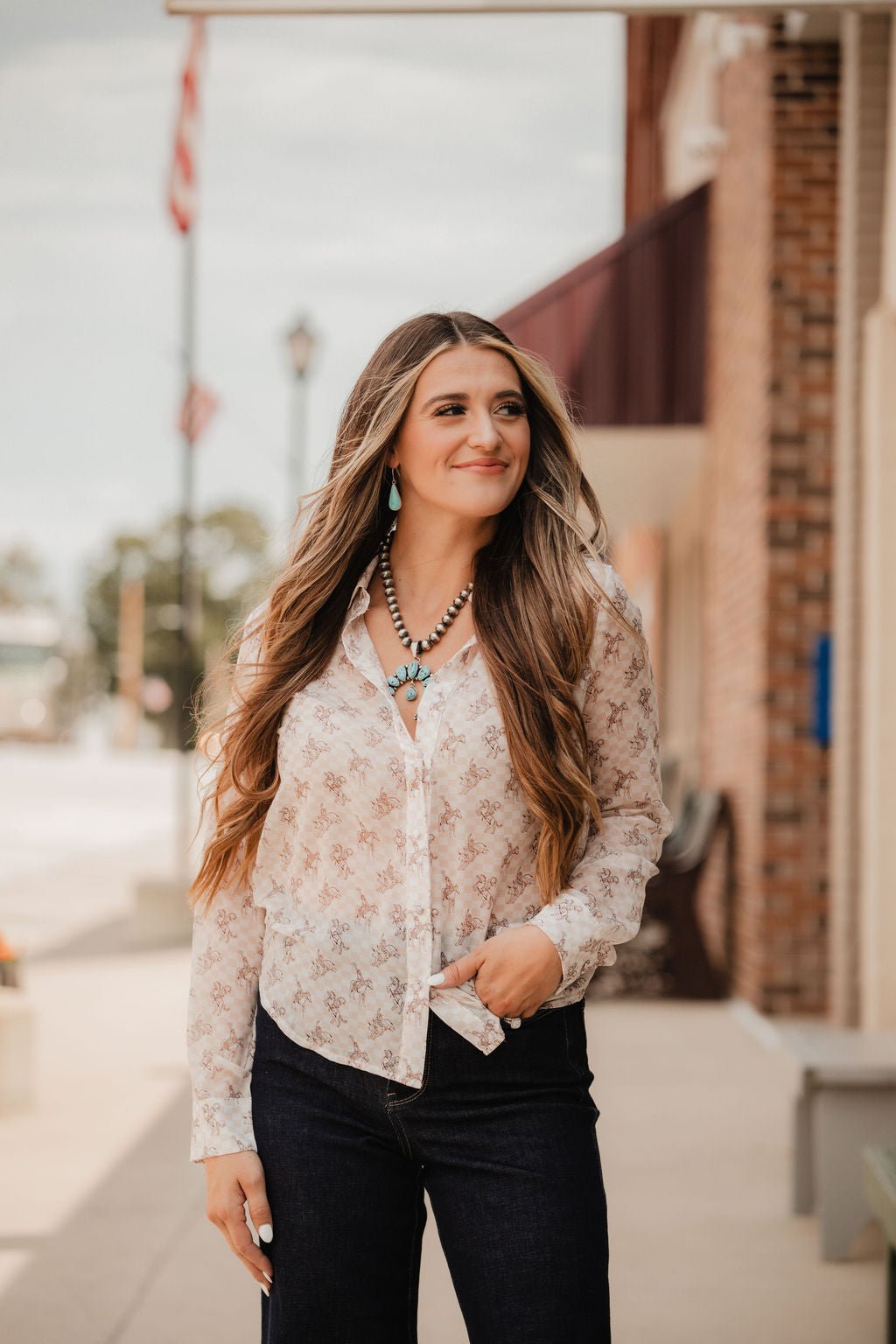 Blue B "Let'r Buck" Western Chiffon Button-Down Blouse — Soft Feminine Rodeo Print Cowhide and Conchos