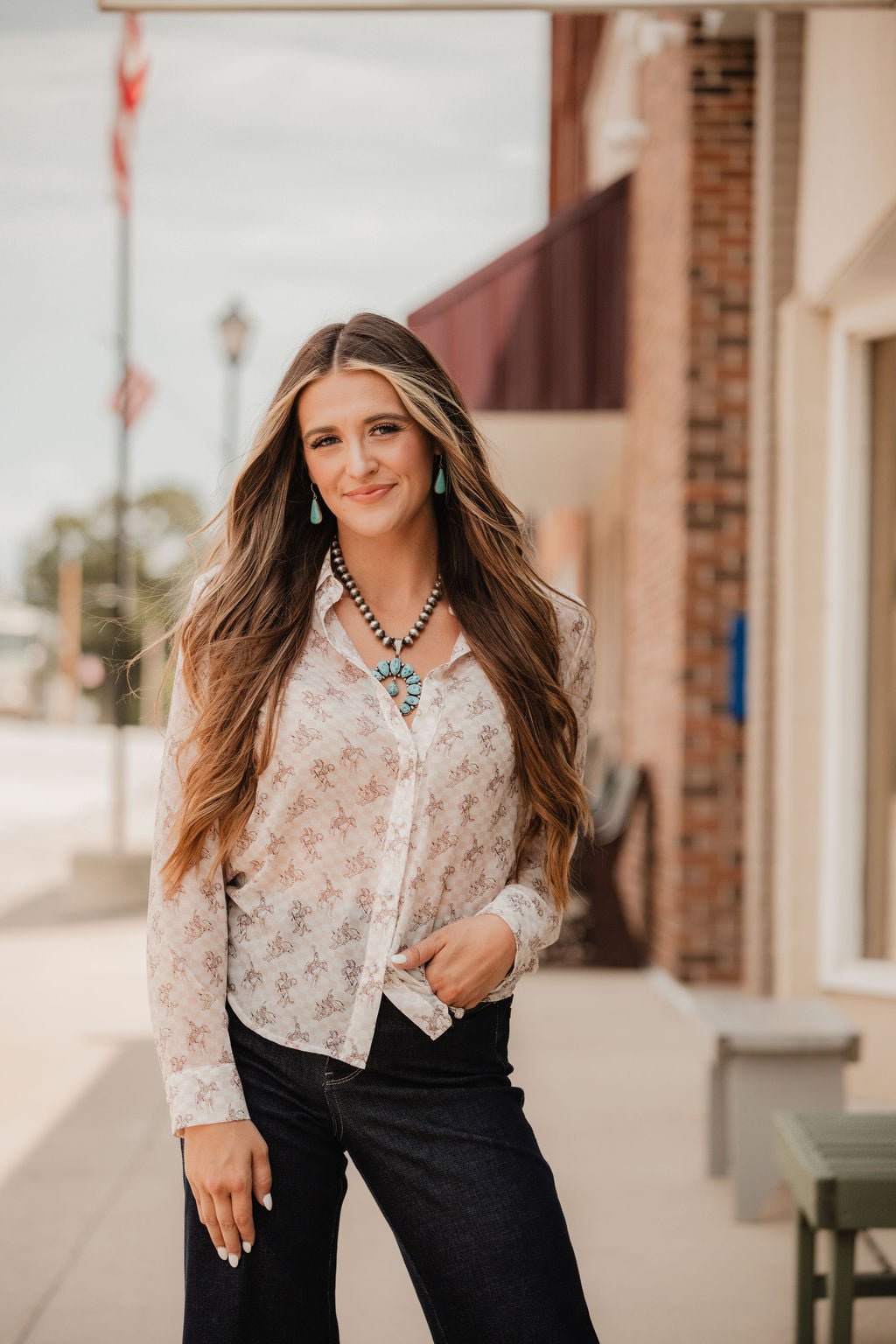 Blue B "Let'r Buck" Western Chiffon Button-Down Blouse — Soft Feminine Rodeo Print Cowhide and Conchos